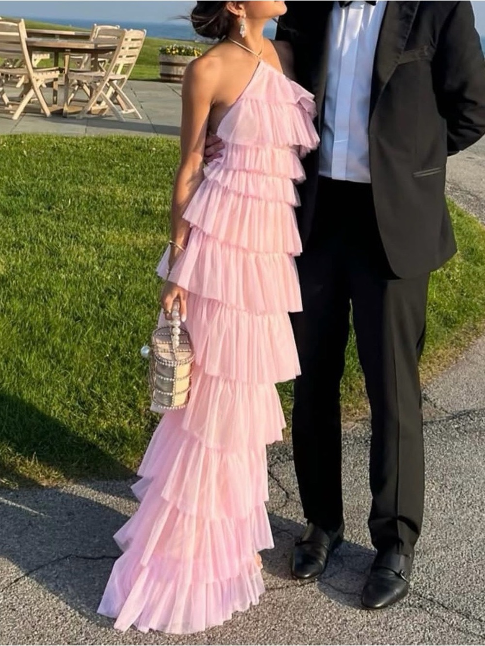 The Bar Pink Tiered Ruffle Maxi Dress